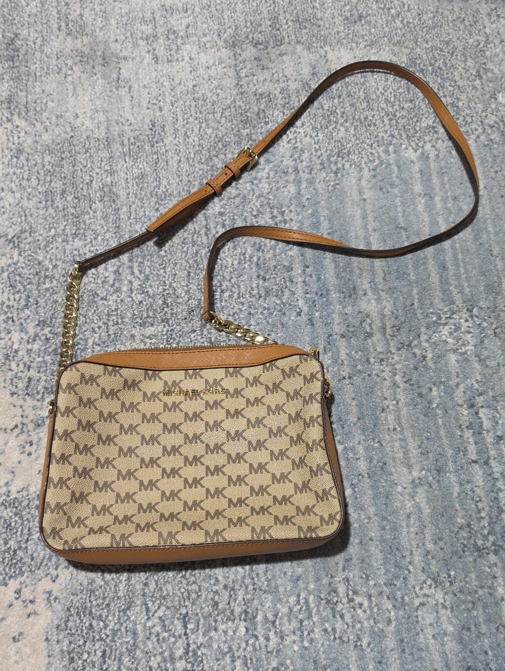 Michael Kors Beige/ Brown Logo Crossbody with Gold Chain Strap